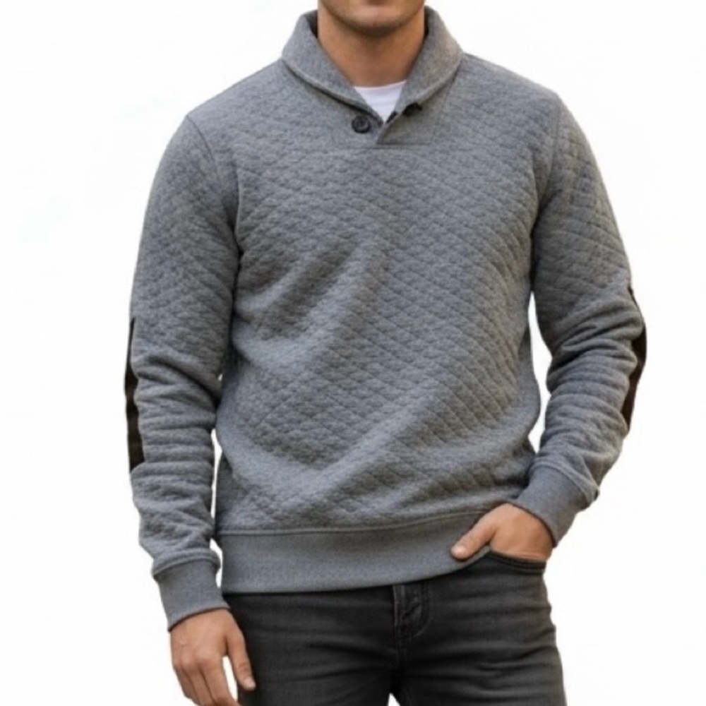 Billy Reid Diamond Quilt Shawl Pullover Men L Gray Elbow Patches Classic Staple